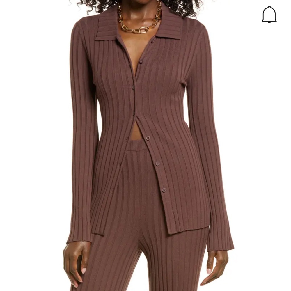 Ribbed Button-up Cardigan and Pants - Brown Malicacia